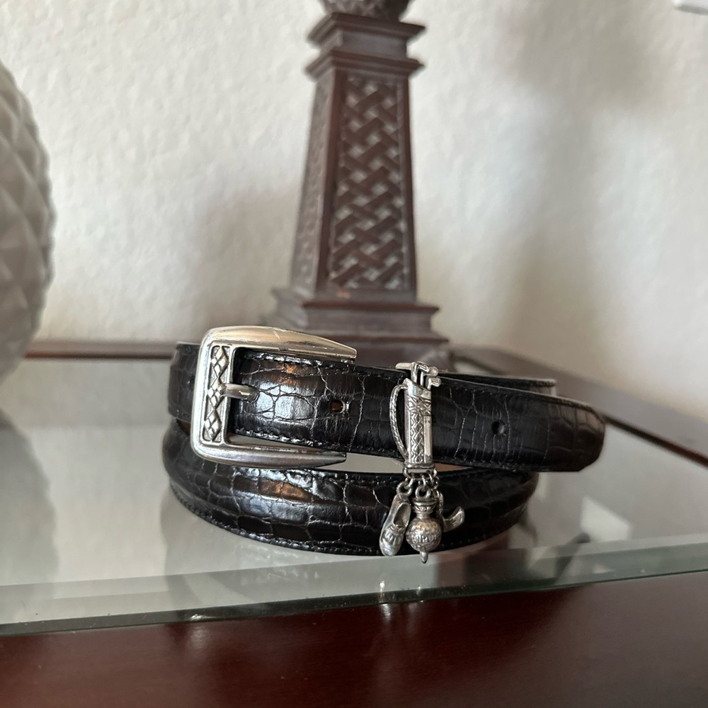•BRIGHTON• Black Leather Silver-Tone Golf Charm Belt